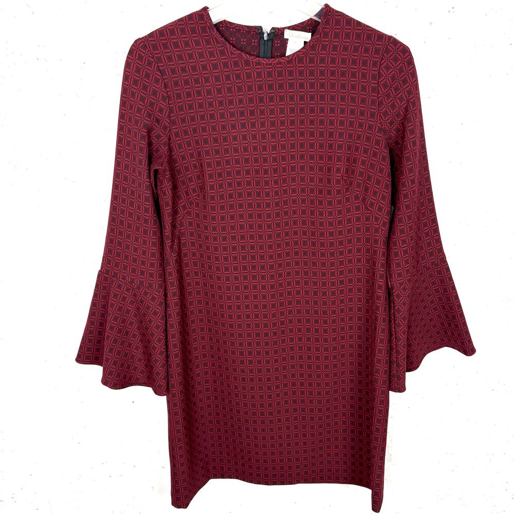 Shoshanna Womens Bell Sleeve Shift Dress Red Geometric Print Back Zip Size 4